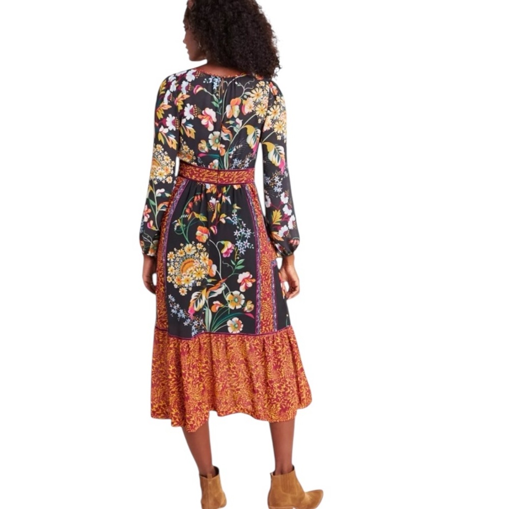 Anthropologie Adair Vibrant Floral Velvet-Trimmed Midi Dress Flounce Ruffle - Picture 2 of 12